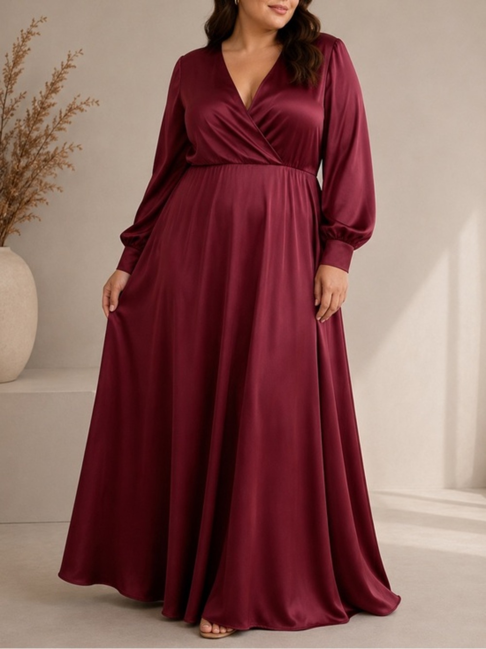 Veiled Burgundy Satin Maxi Dress Long Sleeve Formal Evening Gown